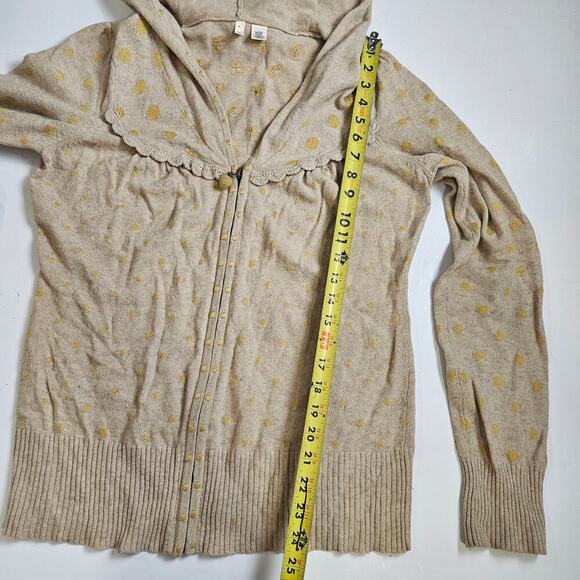 Moth Women Hooded Zip Wool Blend Cardigan Sweater Tan Yellow Dots Large Ruffle - Picture 6 of 9